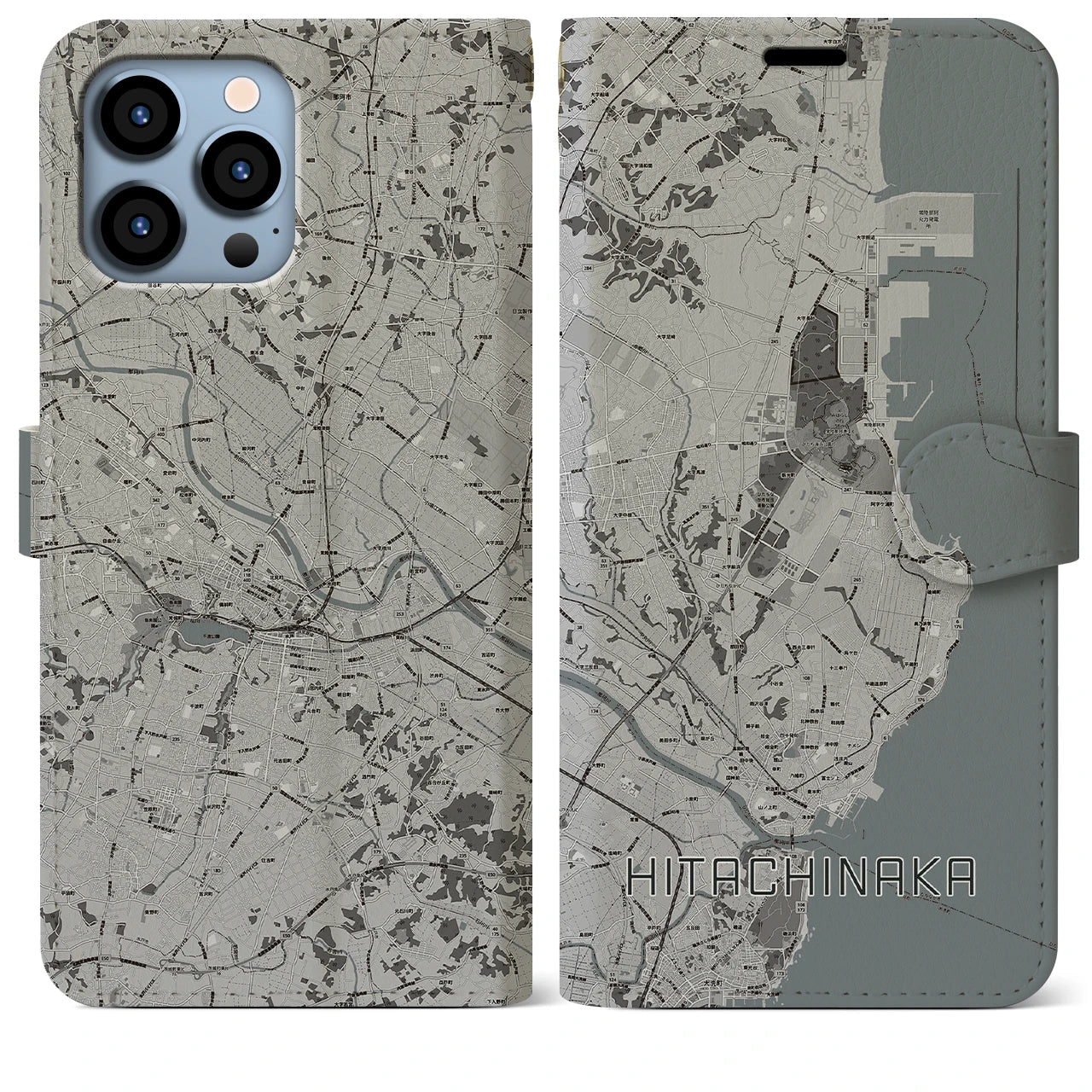 【ひたちなか(茨城県)】地図柄iPhoneケース(手帳タイプ)モノトーン・iPhone 13 Pro Max 用