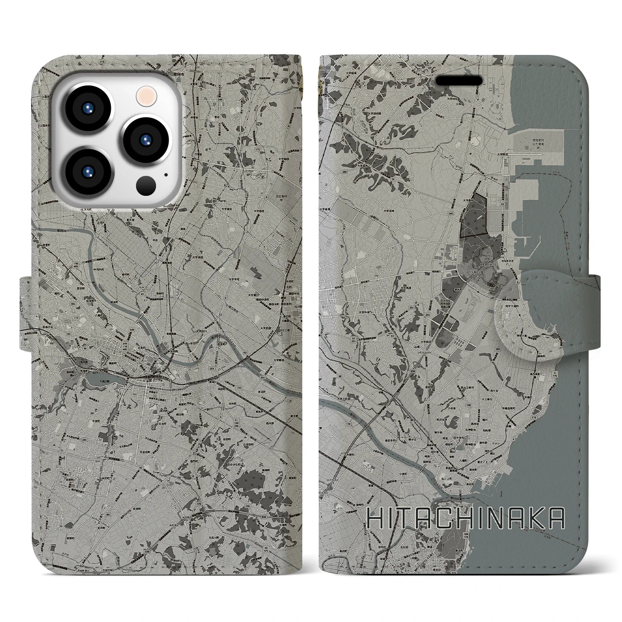 【ひたちなか(茨城県)】地図柄iPhoneケース(手帳タイプ)モノトーン・iPhone 13 Pro 用