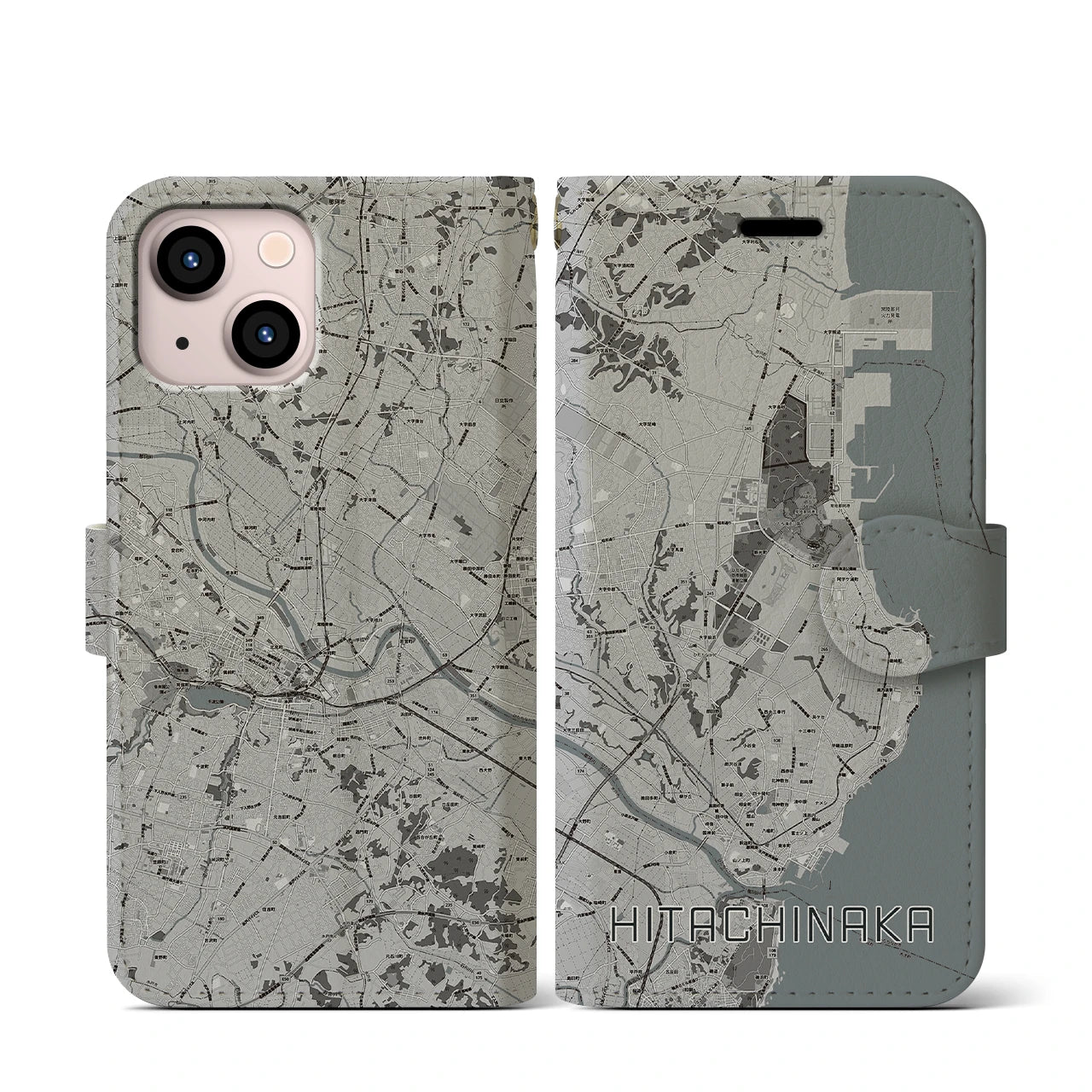 【ひたちなか(茨城県)】地図柄iPhoneケース(手帳タイプ)モノトーン・iPhone 13 mini 用