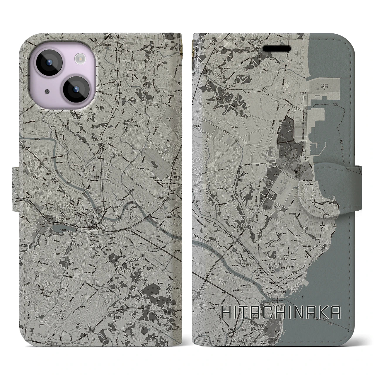 【ひたちなか(茨城県)】地図柄iPhoneケース(手帳タイプ)モノトーン・iPhone 14 用