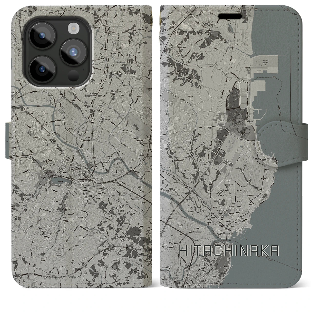 【ひたちなか(茨城県)】地図柄iPhoneケース(手帳タイプ)モノトーン・iPhone 15 Pro Max 用