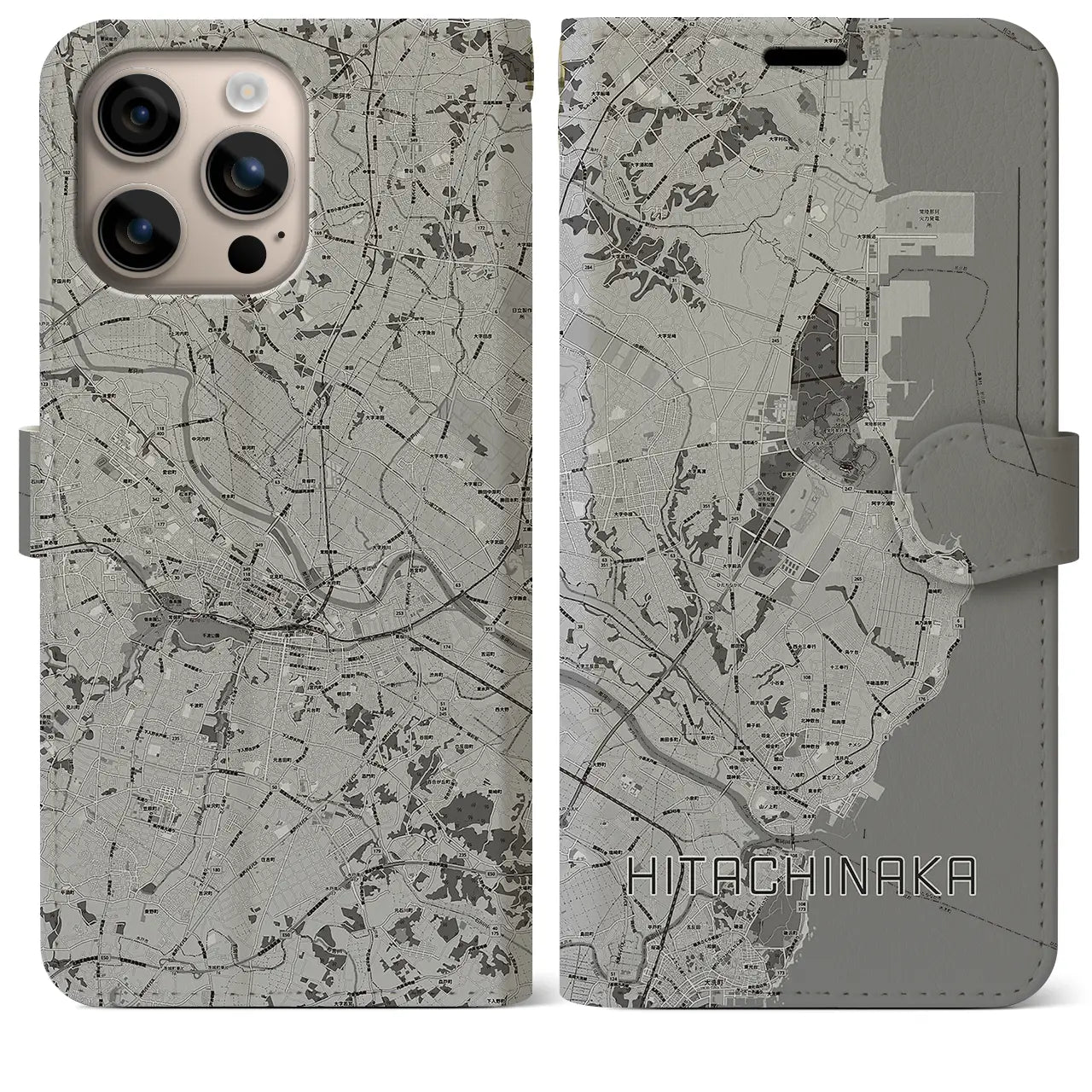 【ひたちなか(茨城県)】地図柄iPhoneケース(手帳タイプ)モノトーン・iPhone 16 Plus 用