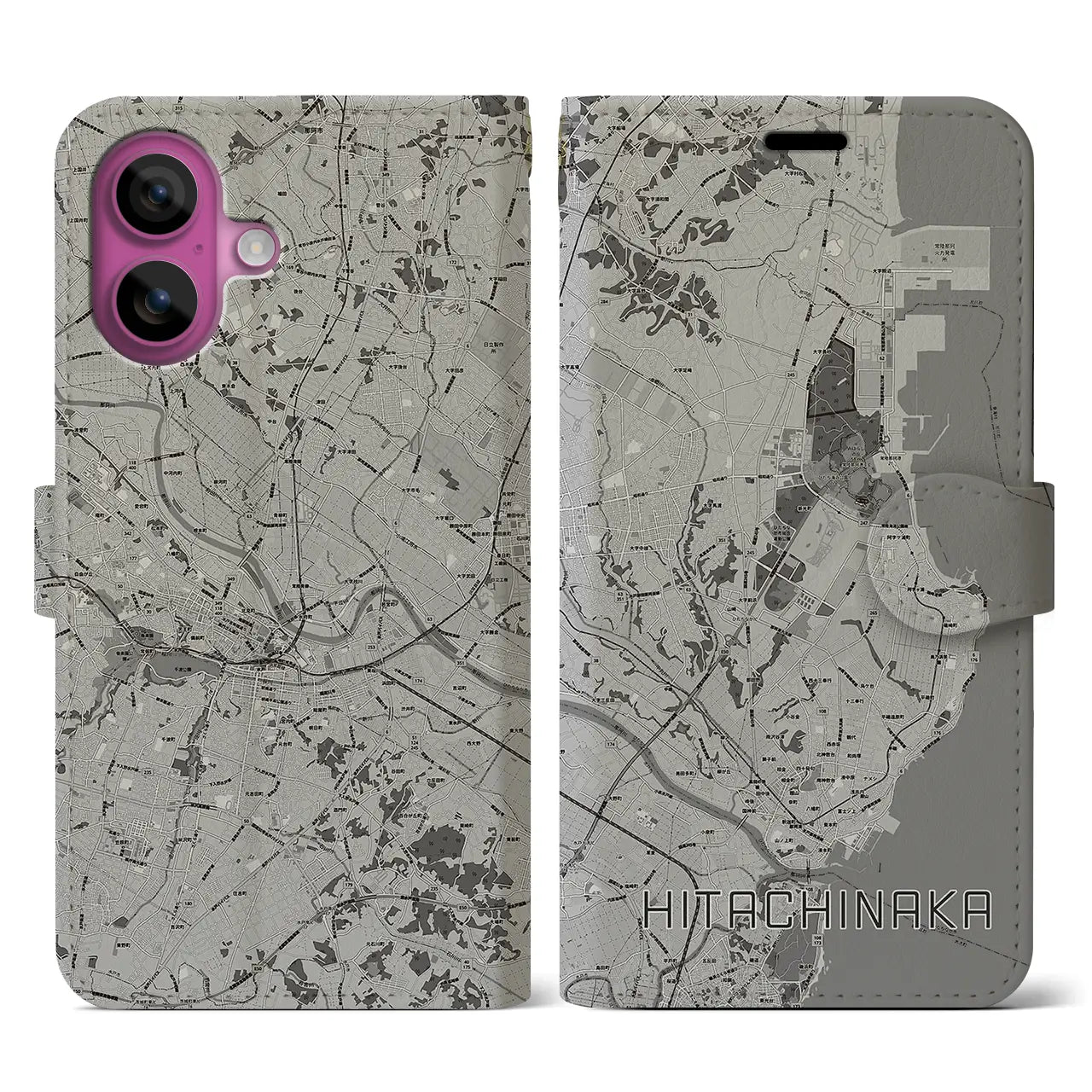 【ひたちなか(茨城県)】地図柄iPhoneケース(手帳タイプ)モノトーン・iPhone 16 Pro 用