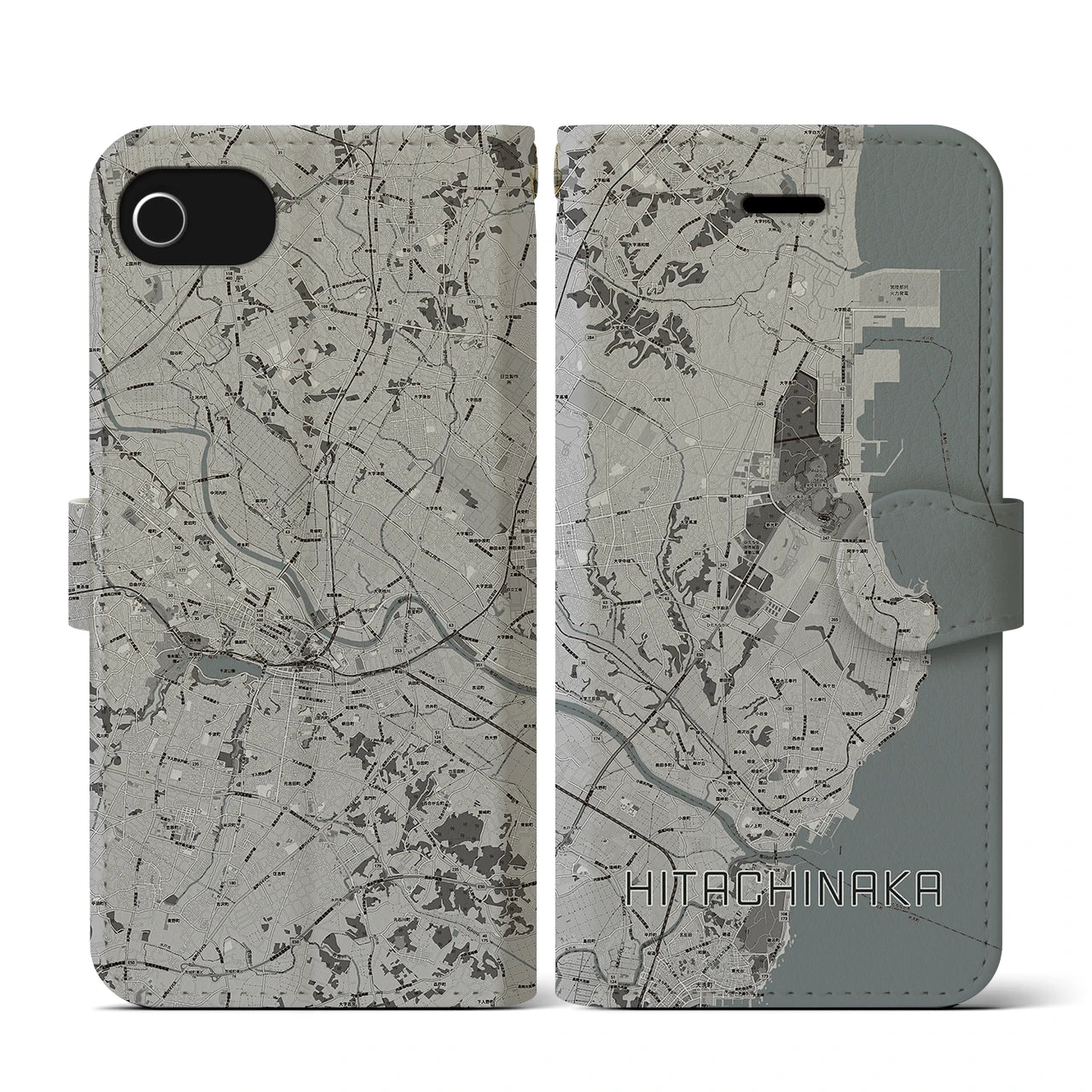 【ひたちなか(茨城県)】地図柄iPhoneケース(手帳タイプ)モノトーン・iPhone SE(第3 / 第2世代) / 8 / 7 / 6s / 6 用
