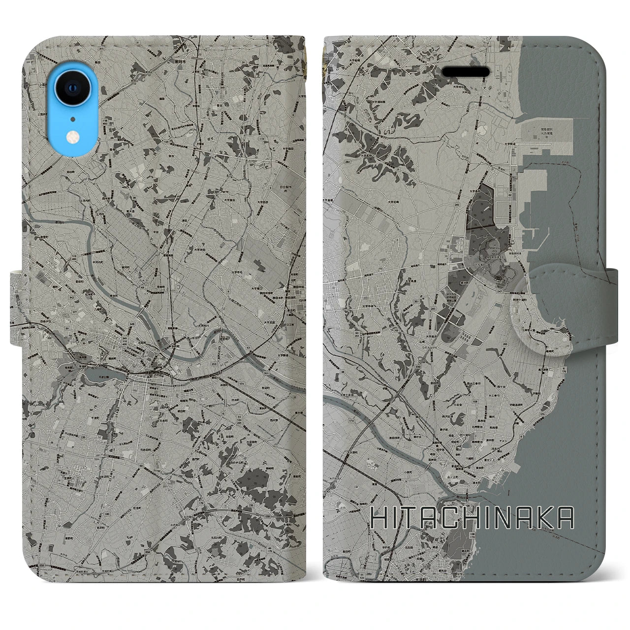 【ひたちなか(茨城県)】地図柄iPhoneケース(手帳タイプ)モノトーン・iPhone XR 用