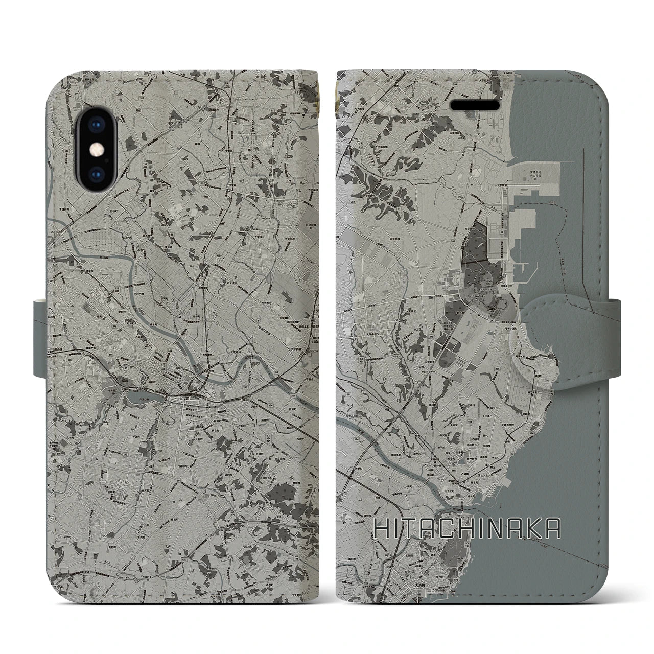 【ひたちなか(茨城県)】地図柄iPhoneケース(手帳タイプ)モノトーン・iPhone XS / X 用