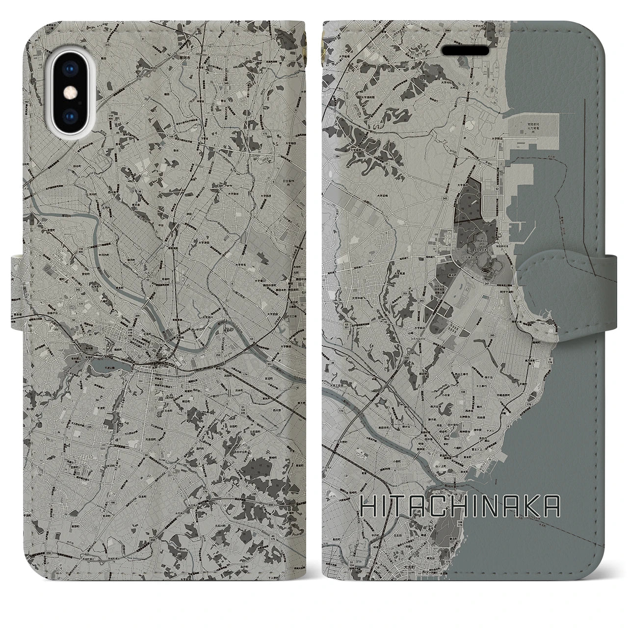 【ひたちなか(茨城県)】地図柄iPhoneケース(手帳タイプ)モノトーン・iPhone XS Max 用