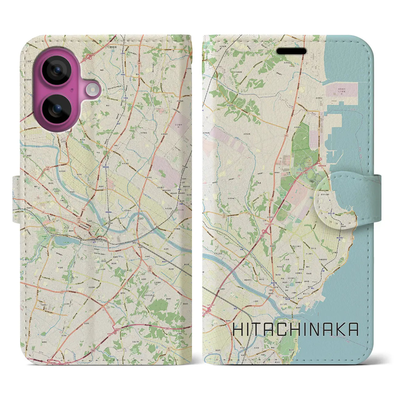 【ひたちなか(茨城県)】地図柄iPhoneケース(手帳タイプ)ナチュラル・iPhone 16 Pro 用