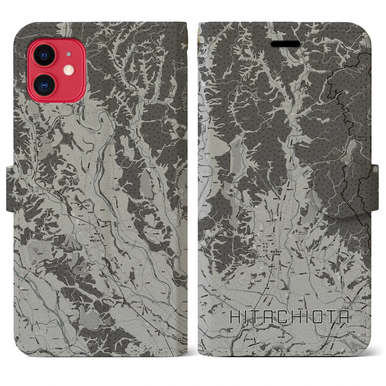 【常陸太田(茨城県)】地図柄iPhoneケース(手帳タイプ)モノトーン・iPhone 11 用