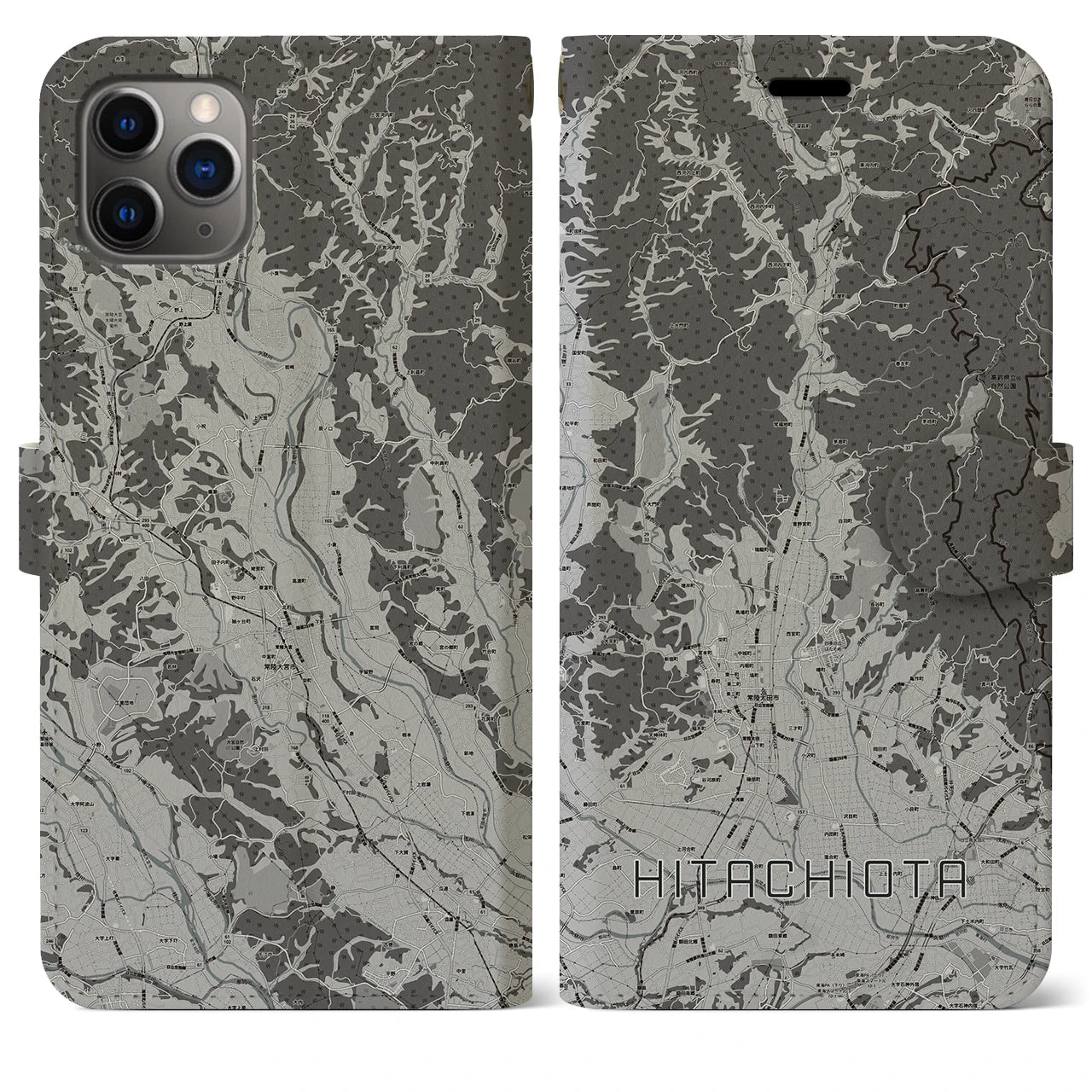 【常陸太田(茨城県)】地図柄iPhoneケース(手帳タイプ)モノトーン・iPhone 11 Pro Max 用