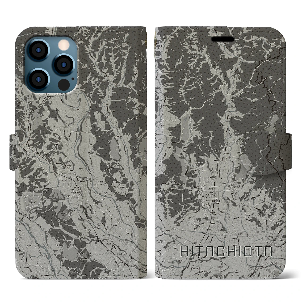 【常陸太田(茨城県)】地図柄iPhoneケース(手帳タイプ)モノトーン・iPhone 12 / 12 Pro 用