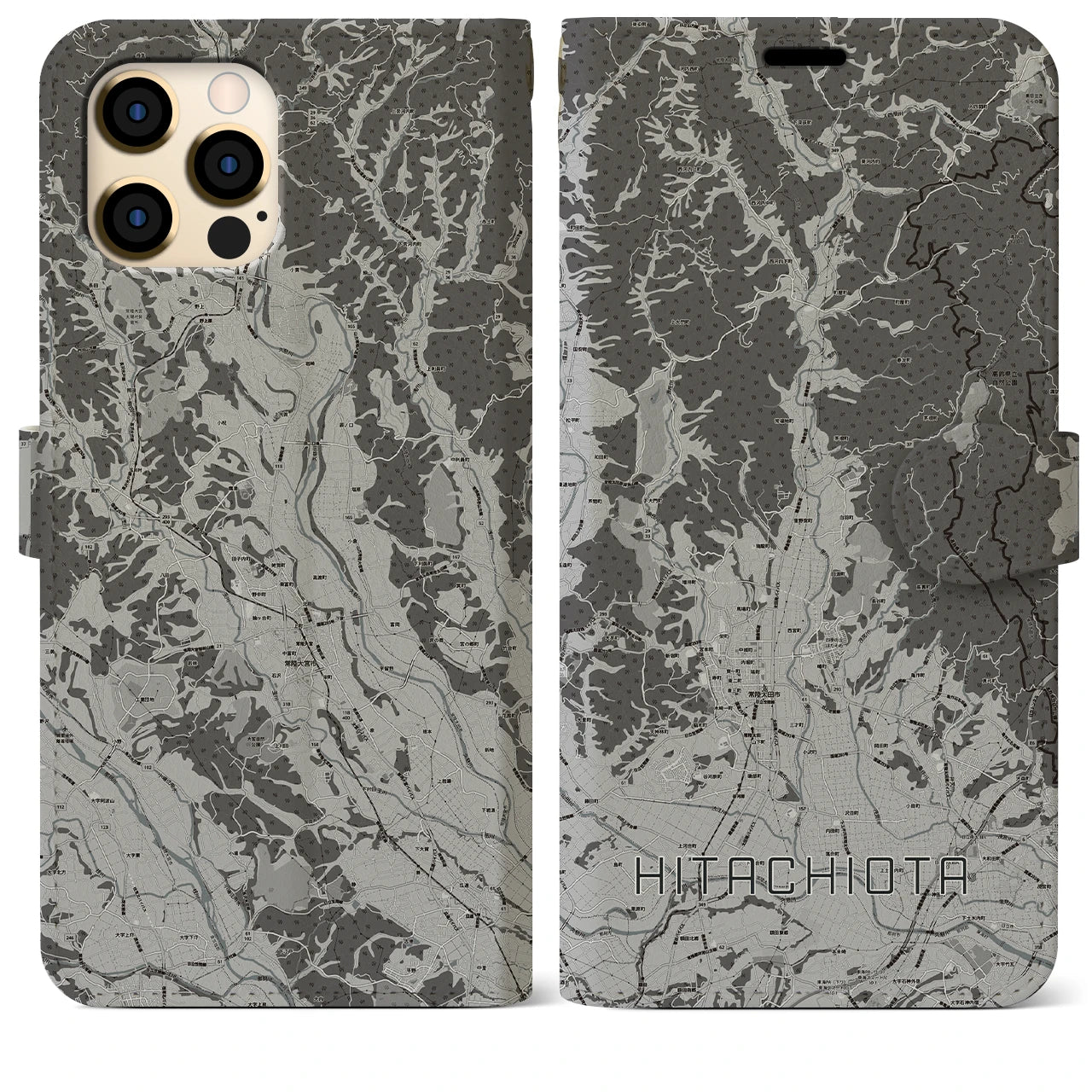 【常陸太田(茨城県)】地図柄iPhoneケース(手帳タイプ)モノトーン・iPhone 12 Pro Max 用