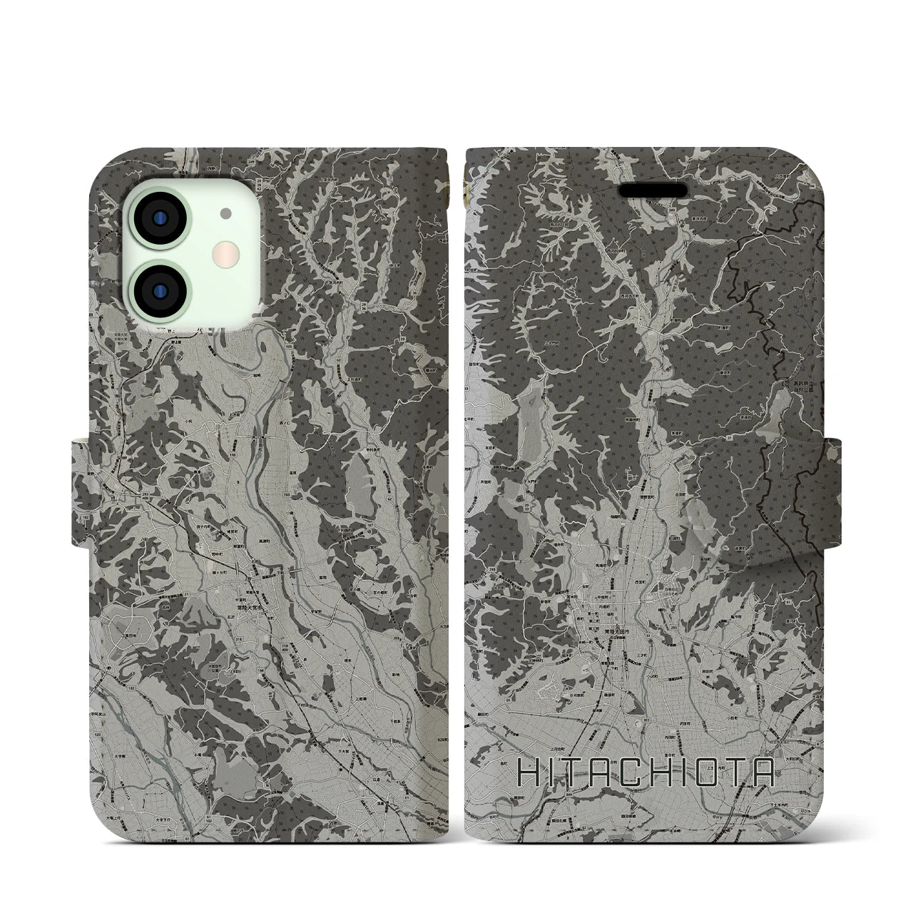 【常陸太田(茨城県)】地図柄iPhoneケース(手帳タイプ)モノトーン・iPhone 12 mini 用