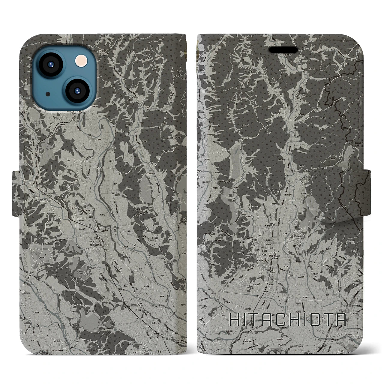 【常陸太田(茨城県)】地図柄iPhoneケース(手帳タイプ)モノトーン・iPhone 13 用