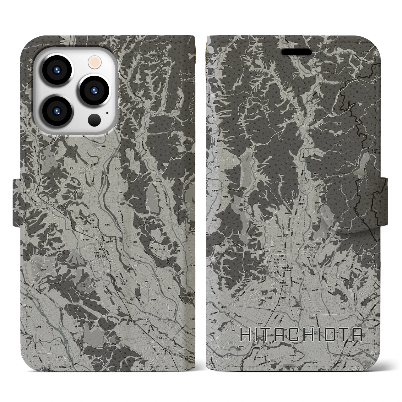 【常陸太田(茨城県)】地図柄iPhoneケース(手帳タイプ)モノトーン・iPhone 13 Pro 用