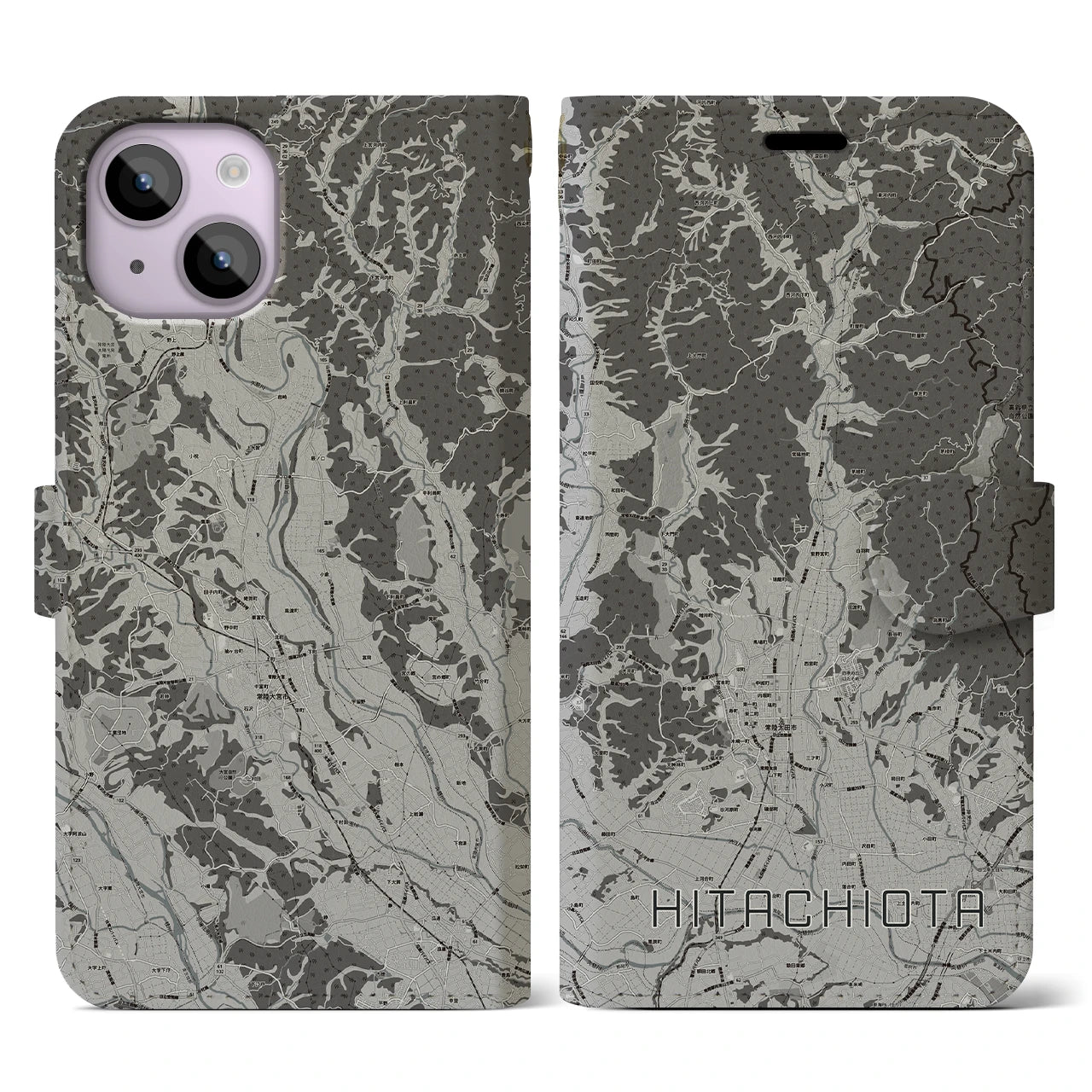 【常陸太田(茨城県)】地図柄iPhoneケース(手帳タイプ)モノトーン・iPhone 14 用