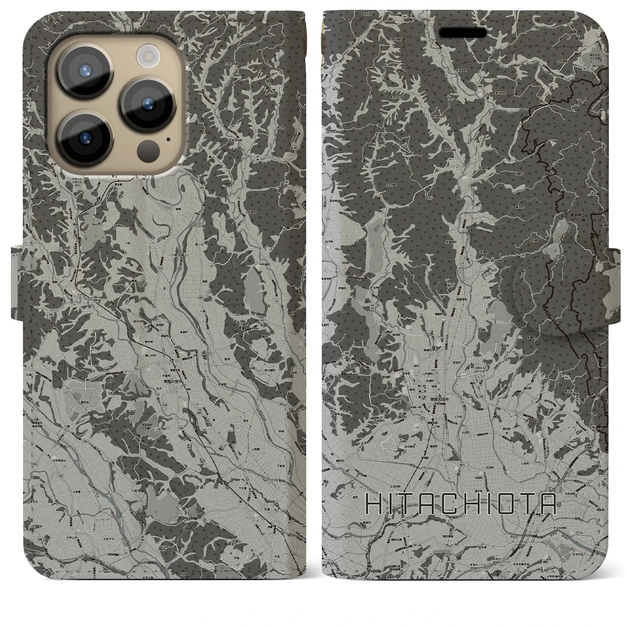【常陸太田(茨城県)】地図柄iPhoneケース(手帳タイプ)モノトーン・iPhone 14 Pro Max 用