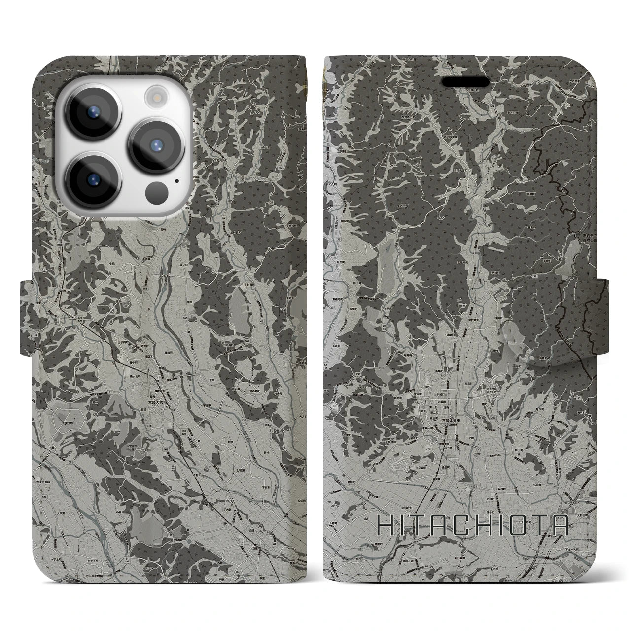 【常陸太田(茨城県)】地図柄iPhoneケース(手帳タイプ)モノトーン・iPhone 14 Pro 用