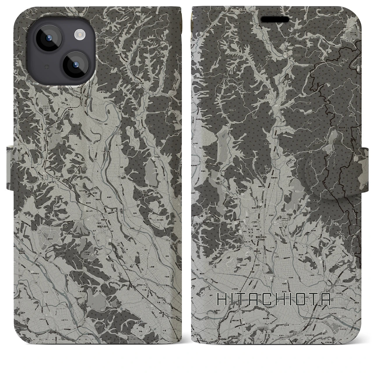 【常陸太田(茨城県)】地図柄iPhoneケース(手帳タイプ)モノトーン・iPhone 14 Plus 用