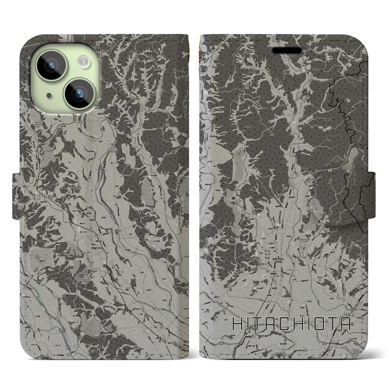 【常陸太田(茨城県)】地図柄iPhoneケース(手帳タイプ)モノトーン・iPhone 15 用