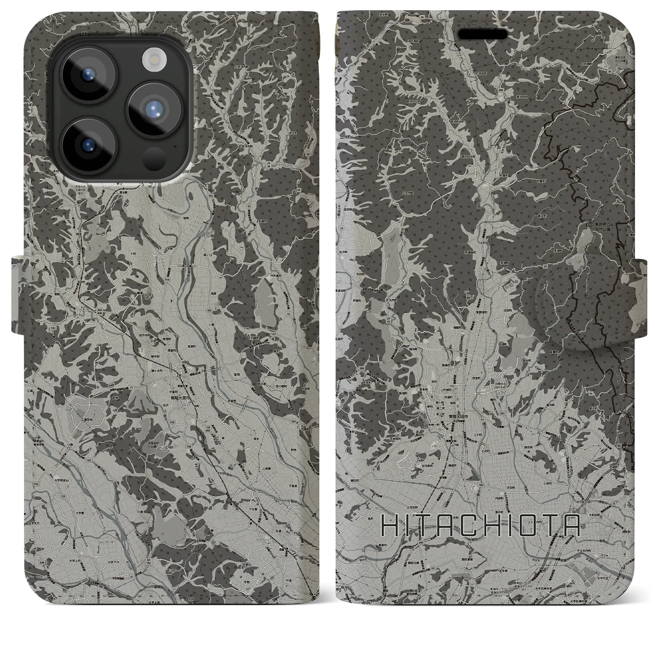 【常陸太田(茨城県)】地図柄iPhoneケース(手帳タイプ)モノトーン・iPhone 15 Pro Max 用