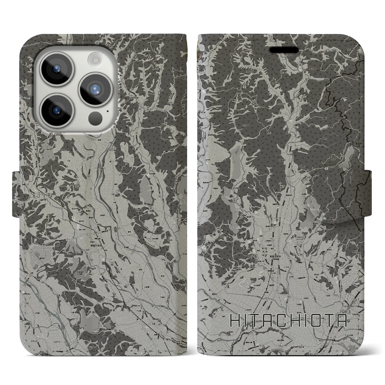 【常陸太田(茨城県)】地図柄iPhoneケース(手帳タイプ)モノトーン・iPhone 15 Pro 用