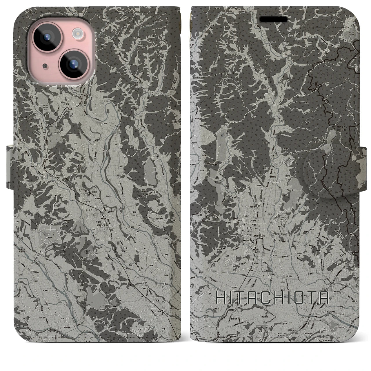 【常陸太田(茨城県)】地図柄iPhoneケース(手帳タイプ)モノトーン・iPhone 15 Plus 用