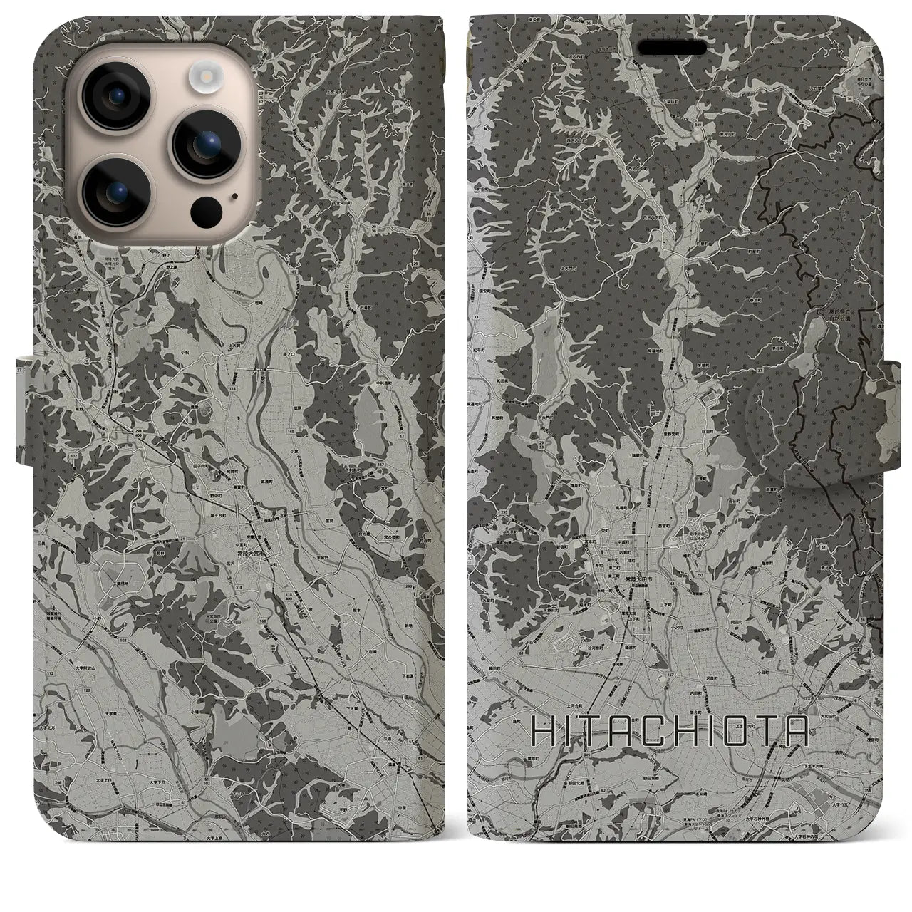 【常陸太田(茨城県)】地図柄iPhoneケース(手帳タイプ)モノトーン・iPhone 16 Plus 用