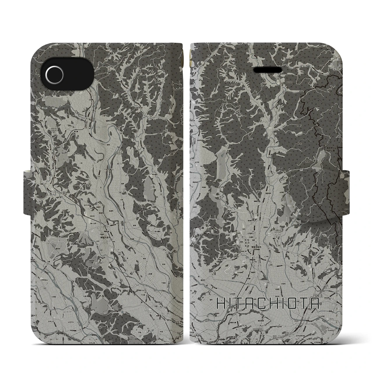 【常陸太田(茨城県)】地図柄iPhoneケース(手帳タイプ)モノトーン・iPhone SE(第3 / 第2世代) / 8 / 7 / 6s / 6 用