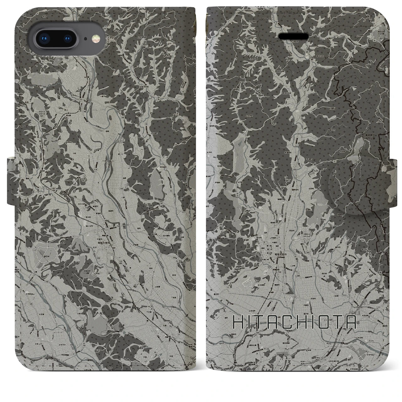 【常陸太田(茨城県)】地図柄iPhoneケース(手帳タイプ)モノトーン・iPhone 8Plus /7Plus / 6sPlus / 6Plus 用