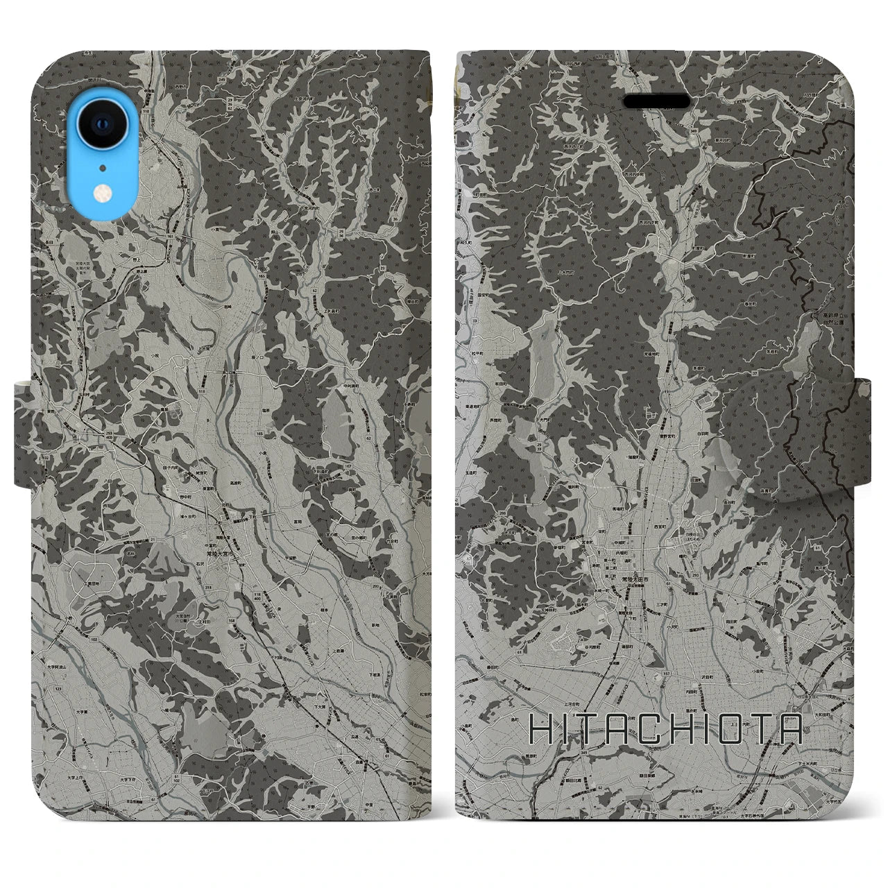 【常陸太田(茨城県)】地図柄iPhoneケース(手帳タイプ)モノトーン・iPhone XR 用