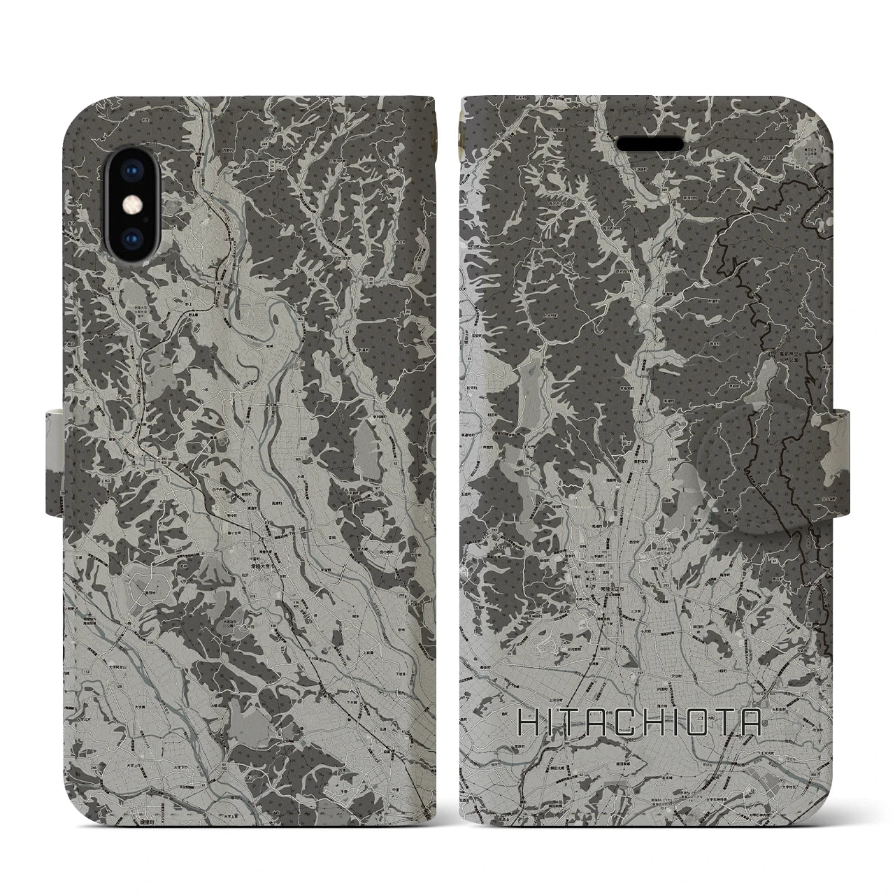 【常陸太田(茨城県)】地図柄iPhoneケース(手帳タイプ)モノトーン・iPhone XS / X 用