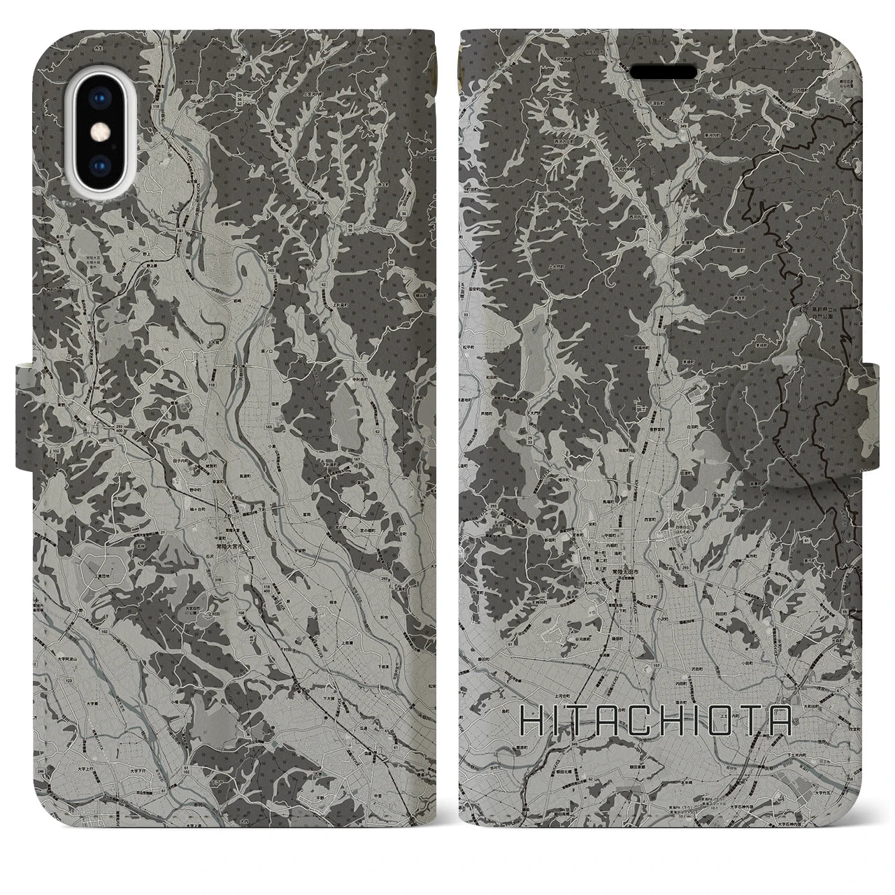 【常陸太田(茨城県)】地図柄iPhoneケース(手帳タイプ)モノトーン・iPhone XS Max 用