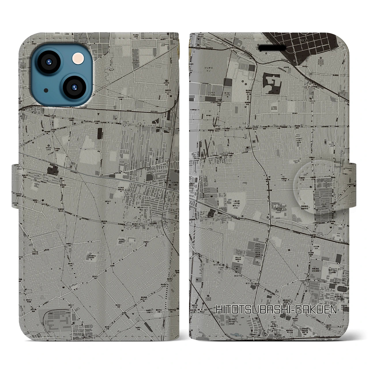 【一橋学園(東京都)】地図柄iPhoneケース(手帳タイプ)モノトーン・iPhone 13 用