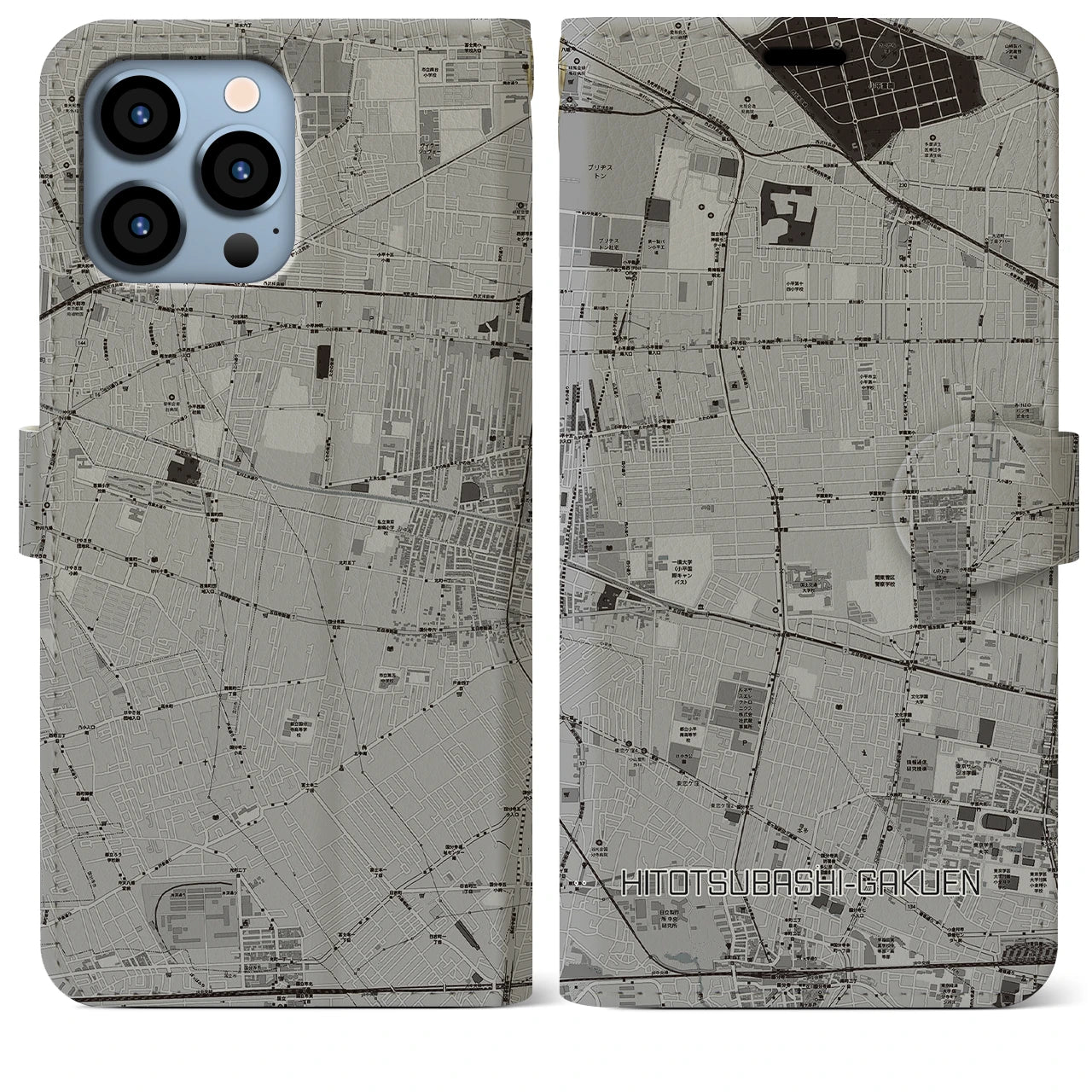 【一橋学園(東京都)】地図柄iPhoneケース(手帳タイプ)モノトーン・iPhone 13 Pro Max 用