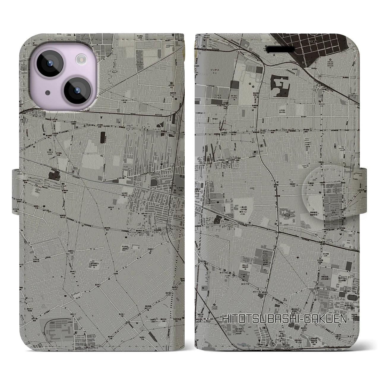 【一橋学園(東京都)】地図柄iPhoneケース(手帳タイプ)モノトーン・iPhone 14 用