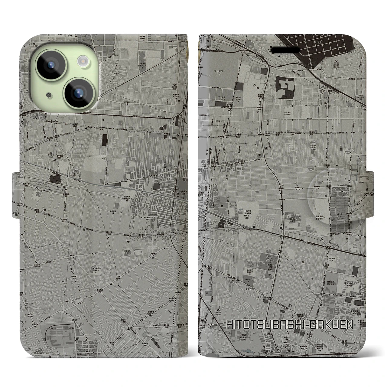 【一橋学園(東京都)】地図柄iPhoneケース(手帳タイプ)モノトーン・iPhone 15 用