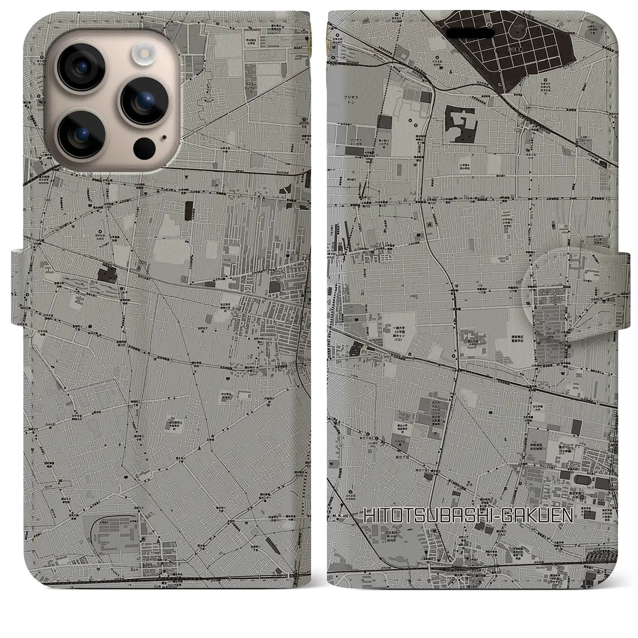 【一橋学園(東京都)】地図柄iPhoneケース(手帳タイプ)モノトーン・iPhone 16 Plus 用
