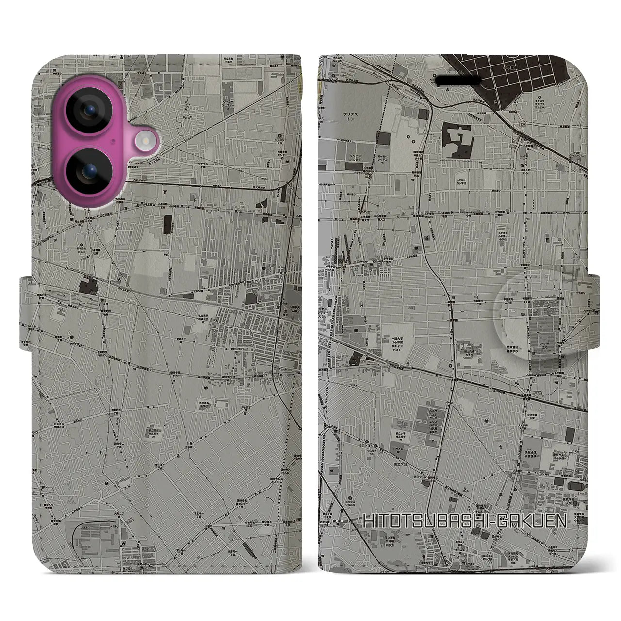 【一橋学園(東京都)】地図柄iPhoneケース(手帳タイプ)モノトーン・iPhone 16 Pro 用