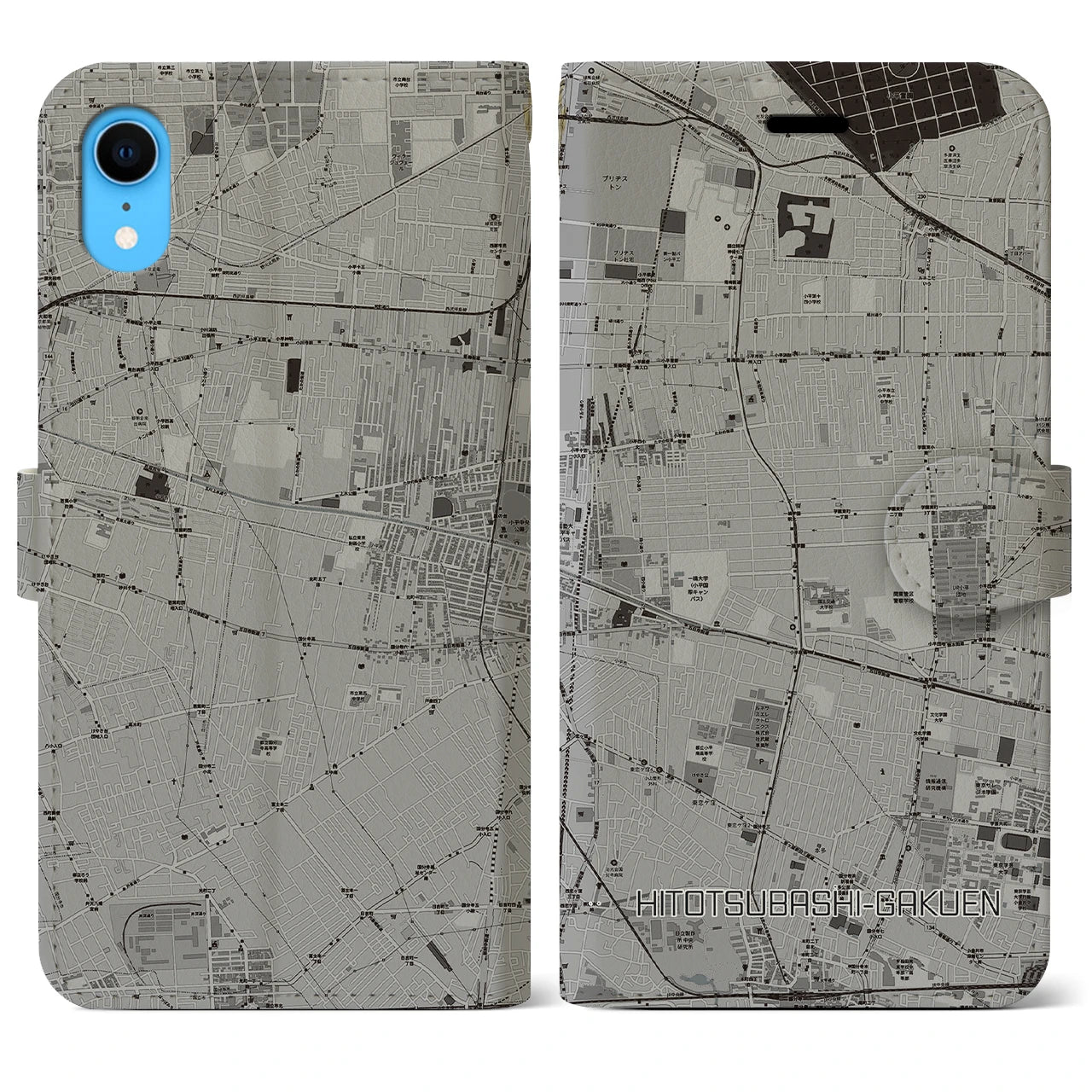 【一橋学園(東京都)】地図柄iPhoneケース(手帳タイプ)モノトーン・iPhone XR 用
