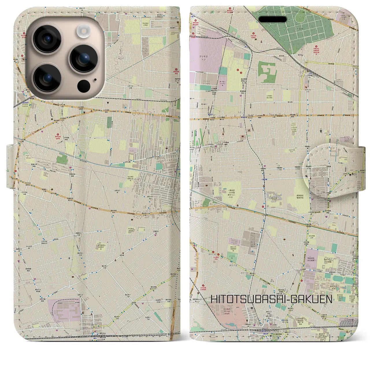 【一橋学園(東京都)】地図柄iPhoneケース(手帳タイプ)ナチュラル・iPhone 16 Plus 用