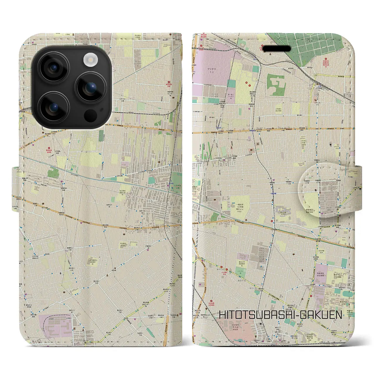 【一橋学園(東京都)】地図柄iPhoneケース(手帳タイプ)ナチュラル・iPhone 16 用