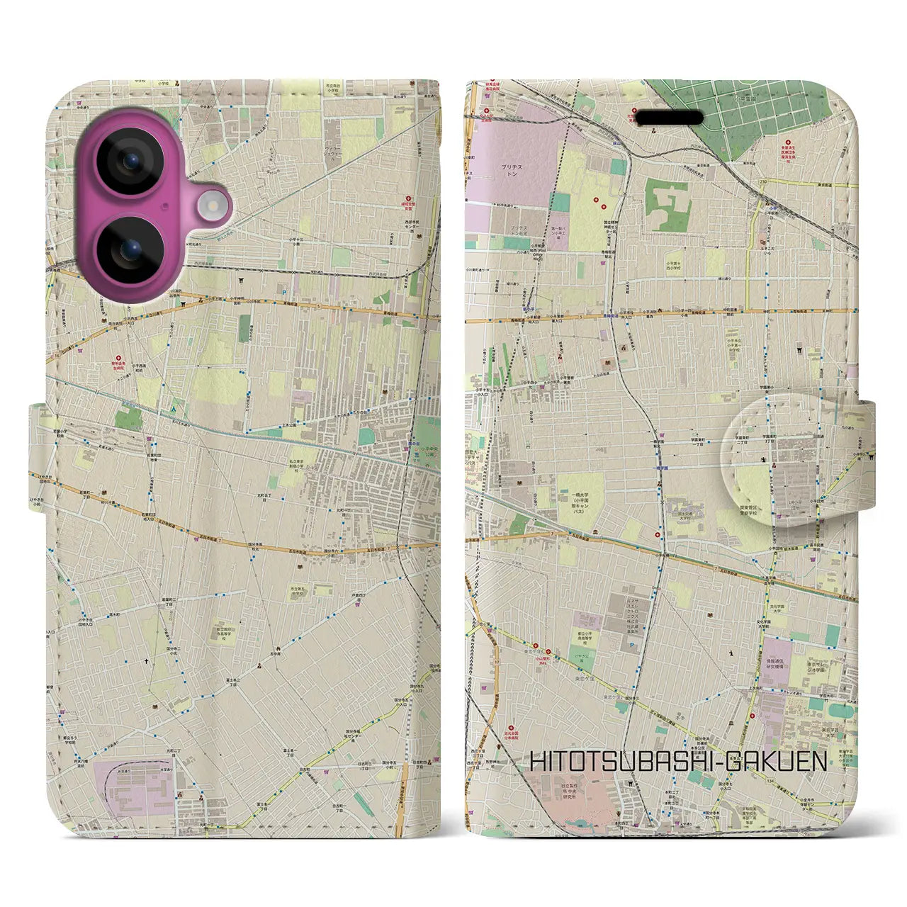 【一橋学園(東京都)】地図柄iPhoneケース(手帳タイプ)ナチュラル・iPhone 16 Pro 用