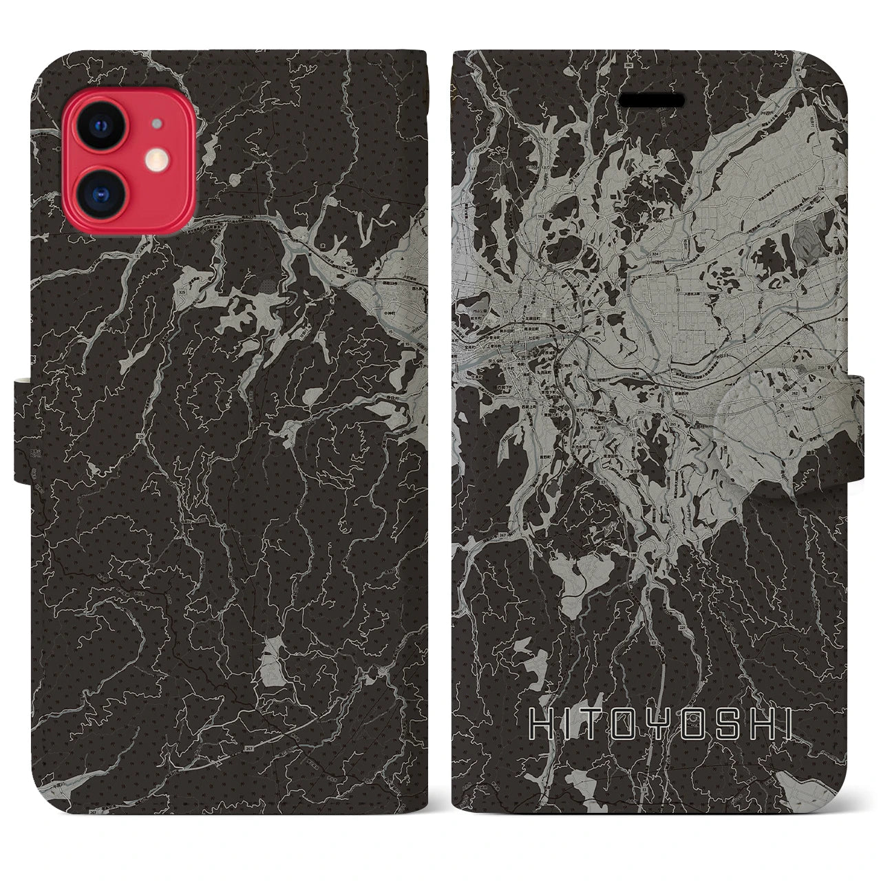 【人吉(熊本県)】地図柄iPhoneケース(手帳タイプ)モノトーン・iPhone 11 用