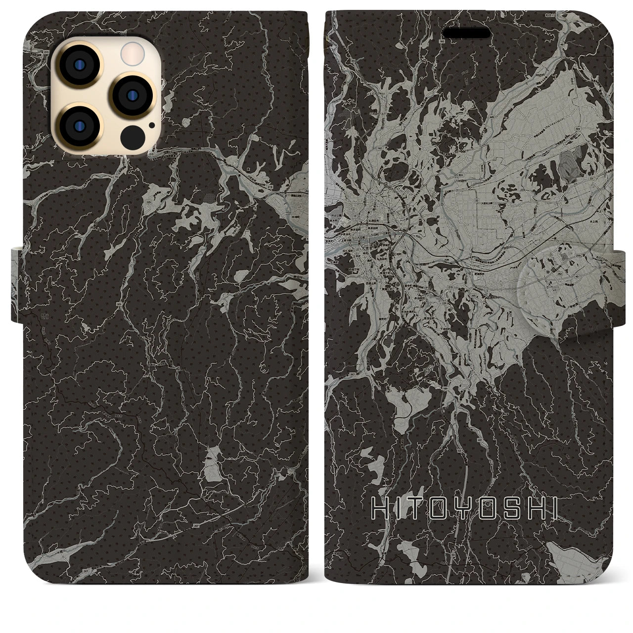 【人吉(熊本県)】地図柄iPhoneケース(手帳タイプ)モノトーン・iPhone 12 Pro Max 用