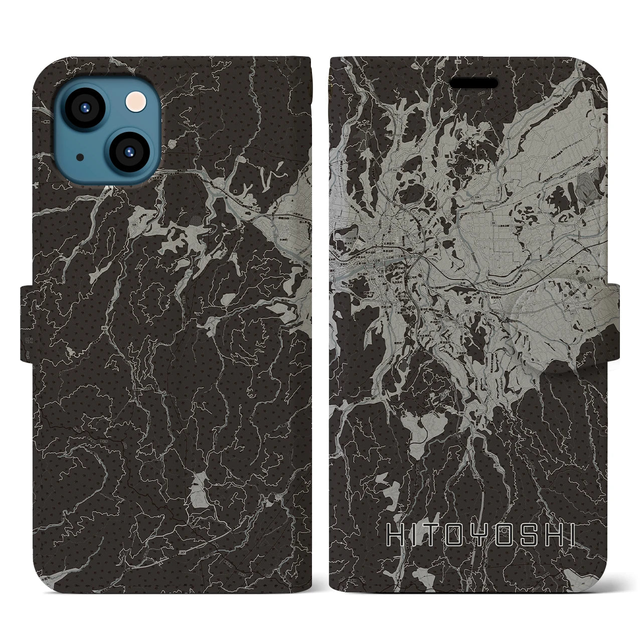 【人吉(熊本県)】地図柄iPhoneケース(手帳タイプ)モノトーン・iPhone 13 用