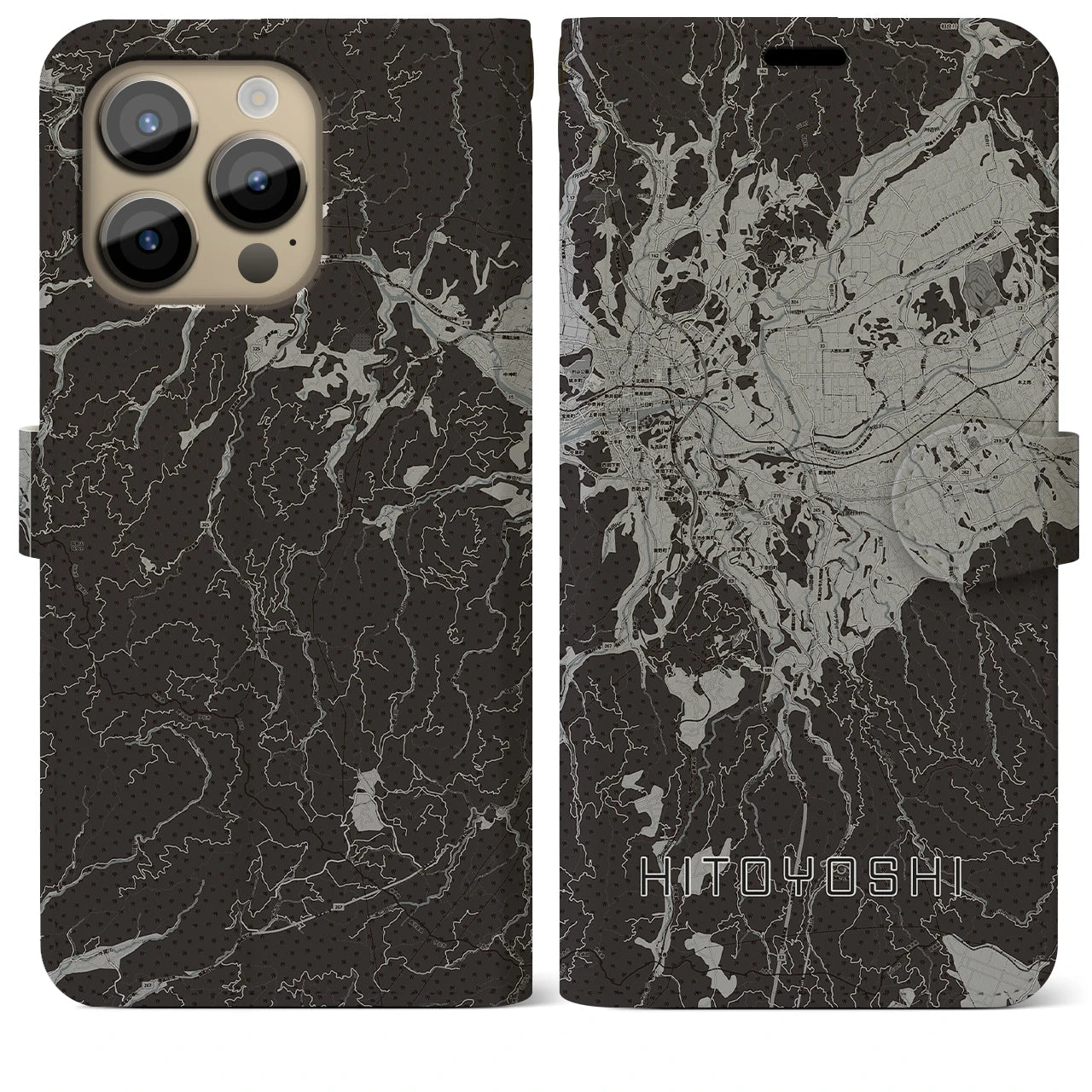【人吉(熊本県)】地図柄iPhoneケース(手帳タイプ)モノトーン・iPhone 14 Pro Max 用