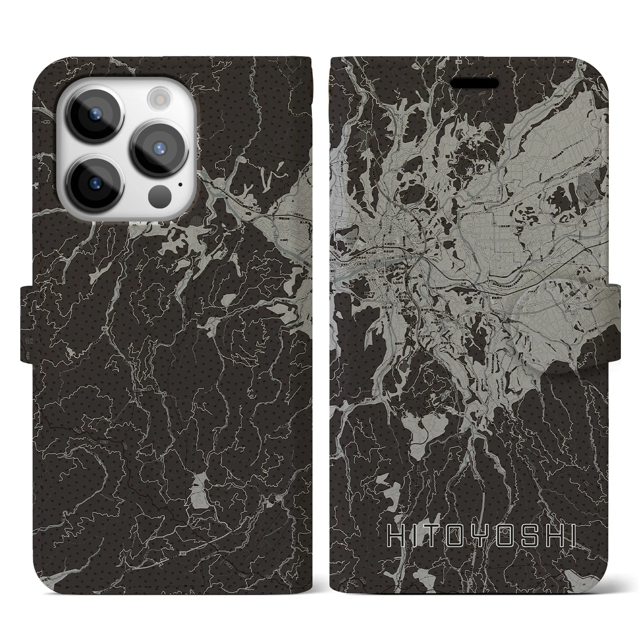 【人吉(熊本県)】地図柄iPhoneケース(手帳タイプ)モノトーン・iPhone 14 Pro 用