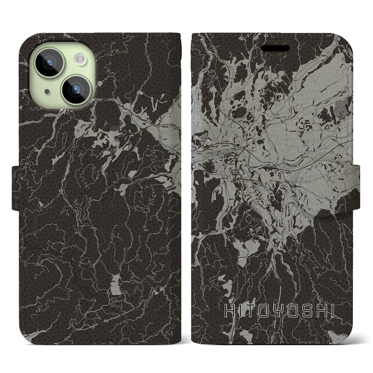 【人吉(熊本県)】地図柄iPhoneケース(手帳タイプ)モノトーン・iPhone 15 用