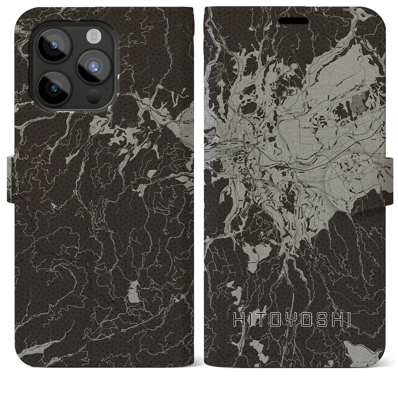 【人吉(熊本県)】地図柄iPhoneケース(手帳タイプ)モノトーン・iPhone 15 Pro Max 用